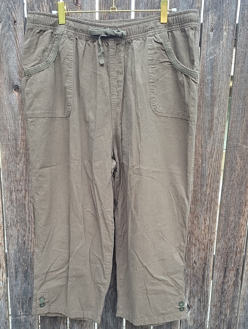Laura Scott Olive Green 100% Cotton Capri Pants with Drawstring Elastic Waist